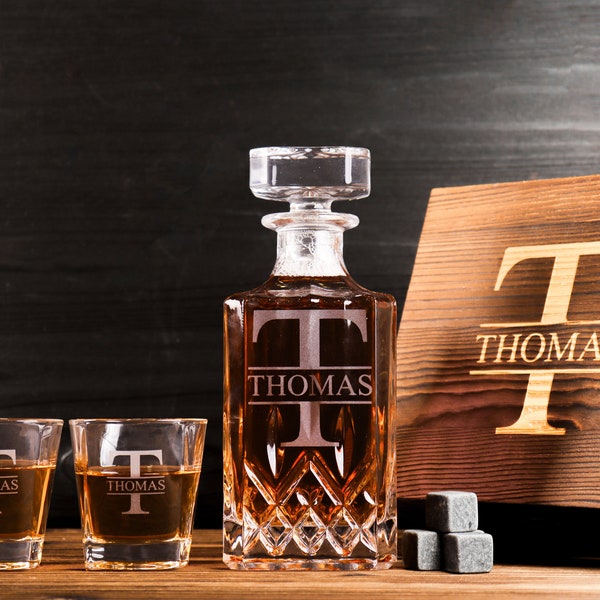 Ensemble personnalisé de carafe à whisky - Cadeaux personnalisés pour garçons d'honneur - Ensemble de carafe à whisky gravée avec boîte en bois - Cadeau pour homme, cadeau papa