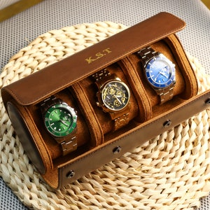 Customized Retro Leather Watch Case Wrist Jewelry Storage Pouch Organizer Gift Cow Leather Watch Roll for 3 Watches Watches Cases