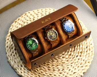 Customized Retro Leather Watch Case Wrist Jewelry Storage Pouch Organizer Gift Cow Leather Watch Roll for 3 Watches Watches Cases