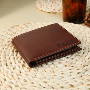 Portefeuille personnalisé pour hommes en cuir véritable gravé monogrammé Cadeau de la fête des Pères avec boîte en bois personnalisée Brown Red