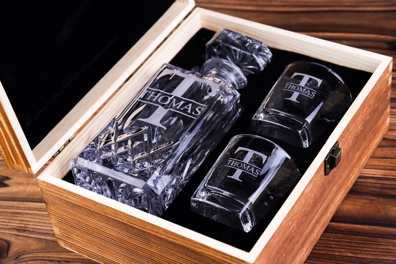 Personalized Whiskey Decanter Set Personalized Groomsmen Gifts Engraved Whiskey Decanter Set With Wood Box Best Man Gift Dad Gift image 8