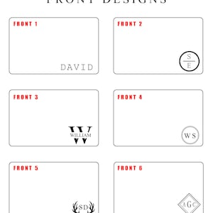 May include: Six different front designs for a card. The designs include a name, initials, and a logo. The designs are labeled 'Front 1' through 'Front 6'.