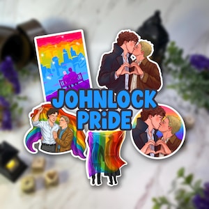 May include: A collection of stickers featuring illustrations of two men in various romantic poses with rainbow pride flags and cityscapes. The text JOHNLOCK PRIDE is displayed in large blue letters in the center of the sticker arrangement.