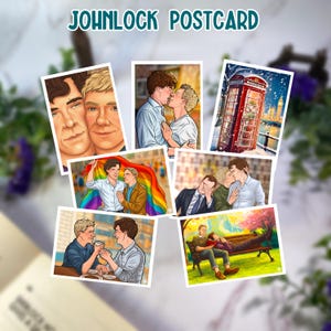 May include: A collection of postcards featuring illustrations of two men in various scenes. The postcards include images of the men embracing, holding a rainbow flag, and in front of a red telephone box. The text "JOHNLOCK POSTCARD" is at the top.