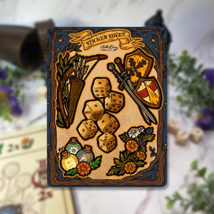 Könnte beinhalten: Ein Stickerbogen mit Fantasy-Motiven, darunter Pfeil und Bogen, Würfel, ein Schwert und ein Schild sowie Tränken. Das Blatt hat einen braunen Rand mit dem Schriftzug "Sticker Sheet" oben. Die Aufkleber sind in Braun-, Gelb- und Grüntönen gehalten.