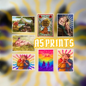 Könnte beinhalten: Eine Sammlung von sieben rechteckigen Kunstdrucken mit farbenfrohen Illustrationen von zwei Männern in verschiedenen Umgebungen, darunter Landschaften und intime Momente. Der Text A5 PRINTS ist in großen gelben Buchstaben in der Mitte zu sehen.