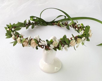 Forest green flower crown Ivory floral headpiece