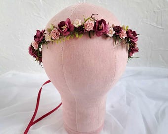 Corona de niña de flores rosa Marsala Corona de flores burdeos para niños Niña de las flores de boda Tocado de flores de boda Tocado de flores Corona de niña de la boda