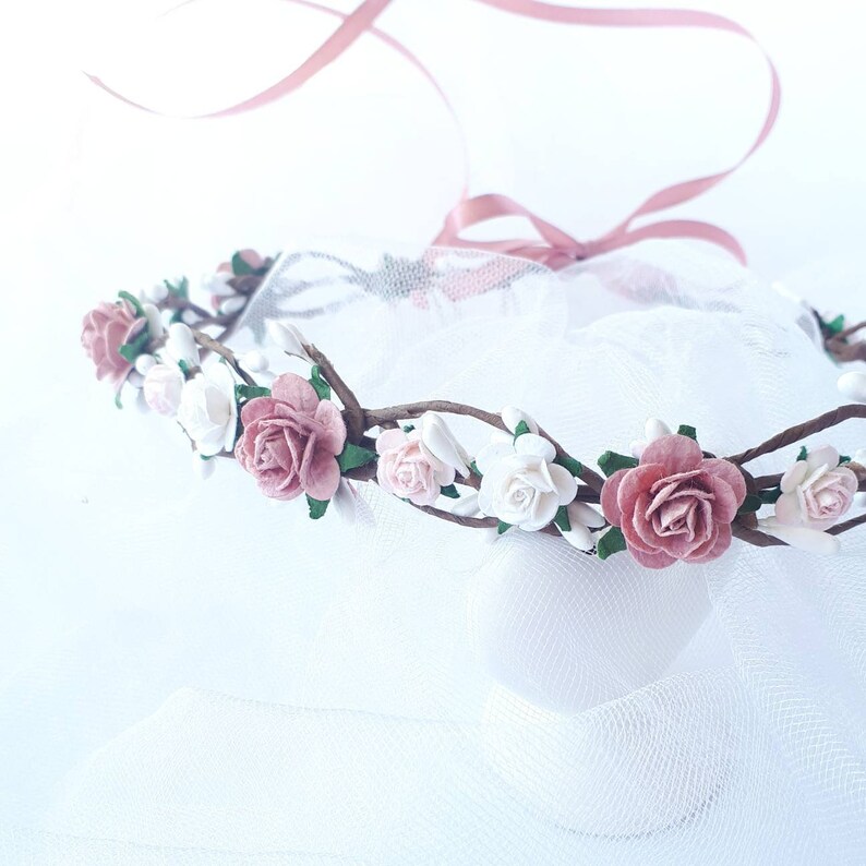 Dusty Rose Flower Girl Crown Mauve Floral Headpiece Etsy