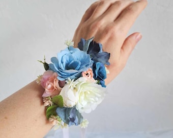 Blue white wrist corsage Blue corsage wedding flower girls Corsage prom Mom wedding flower bracelet