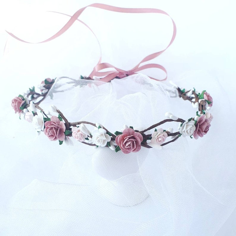 Dusty Rose Flower Girl Crown Mauve Floral Headpiece Etsy