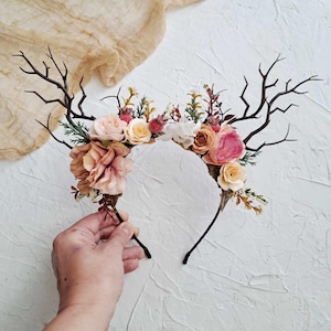 Christmas headband reindeer Flower crown with antlers Christmas headband girl  Christmas antler crown Christmas wreath headpiece