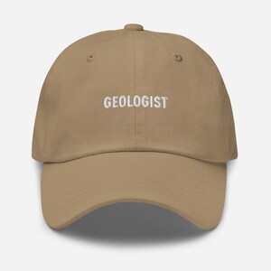 Khaki geologist dad hat with white typography embroidery