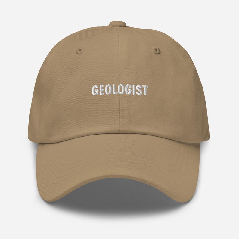 Khaki geologist dad hat with white typography embroidery