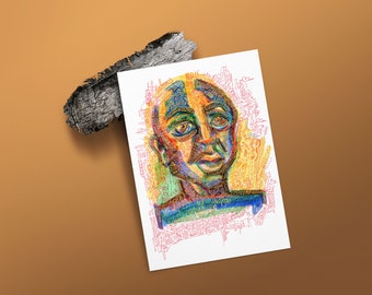May include: A colorful abstract portrait of a person with a detailed background of scribbles and lines. The portrait is done in a variety of colors, including yellow, orange, red, green, blue, and purple.