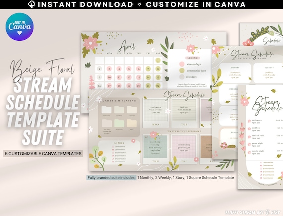 Floral Stream Schedule Template: Beige Twitch YouTube Canva (Digital Download)
