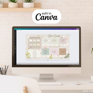 以下が含まれることがあります： ストリームスケジュール用のCanvaデザインテンプレートが表示されたコンピューター画面。テンプレートは、薄い茶色の背景に花柄のアクセントが施され、さまざまなストリームアクティビティをスケジュールするためのグリッドレイアウトになっています。テンプレートの上部には「Stream Schedule」というテキストが表示されています。