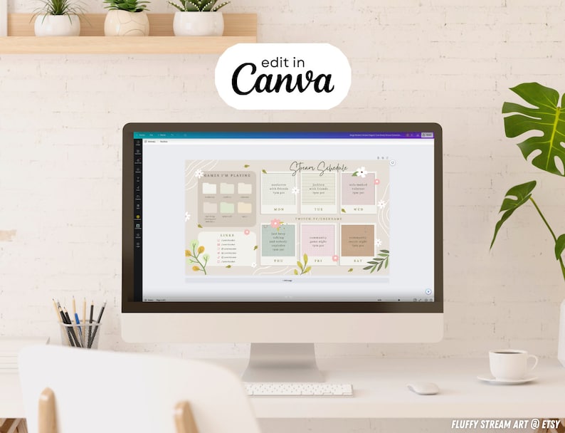以下が含まれることがあります： ストリームスケジュール用のCanvaデザインテンプレートが表示されたコンピューター画面。テンプレートは、薄い茶色の背景に花柄のアクセントが施され、さまざまなストリームアクティビティをスケジュールするためのグリッドレイアウトになっています。テンプレートの上部には「Stream Schedule」というテキストが表示されています。