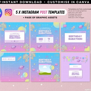 May include: Five Instagram post templates with a pastel color scheme and a retro computer theme. The templates feature a birthday subathon theme with text that says "Cassie's Birthday Subathon" and "Birthday Subathon". The templates also include graphics of planets, stars, rockets, and a moon.