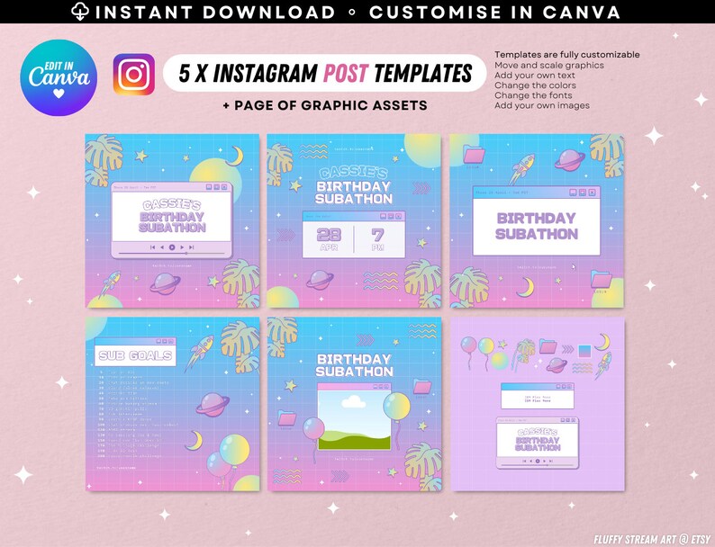 May include: Five Instagram post templates with a pastel color scheme and a retro computer theme. The templates feature a birthday subathon theme with text that says "Cassie's Birthday Subathon" and "Birthday Subathon". The templates also include graphics of planets, stars, rockets, and a moon.