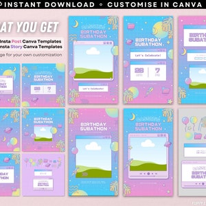 May include: A set of 10 digital templates for Instagram posts and stories. The templates feature a pastel color scheme with a retro computer theme. The text on the templates says "Cassie's Birthday Subathon".