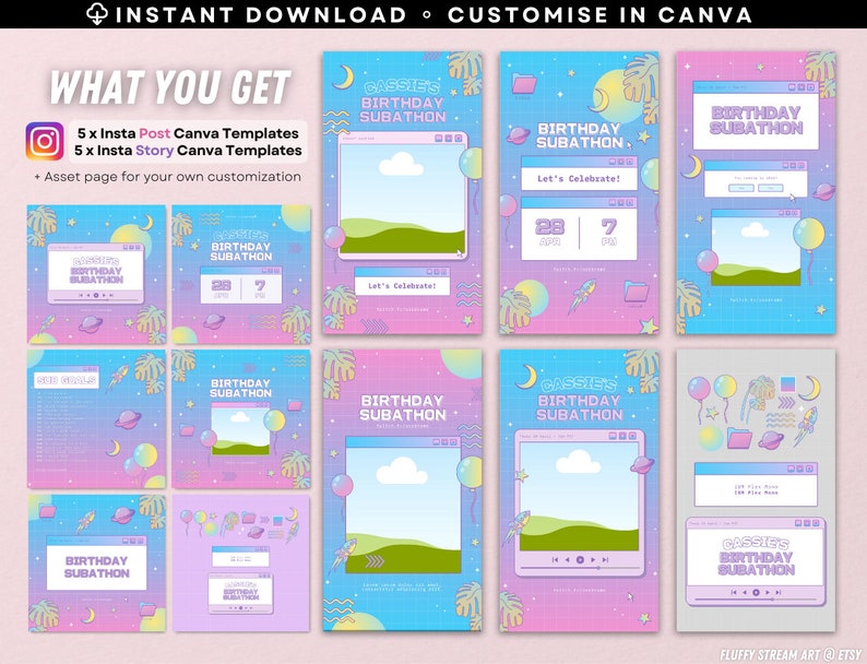 May include: A set of 10 digital templates for Instagram posts and stories. The templates feature a pastel color scheme with a retro computer theme. The text on the templates says "Cassie's Birthday Subathon".