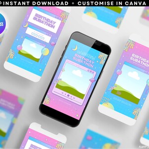 May include: A digital phone screen mockup with a pink and blue background. The screen displays a birthday subathon graphic with a cartoon cloud, stars, and a video player. The text on the screen reads "Cassie's Birthday Subathon".