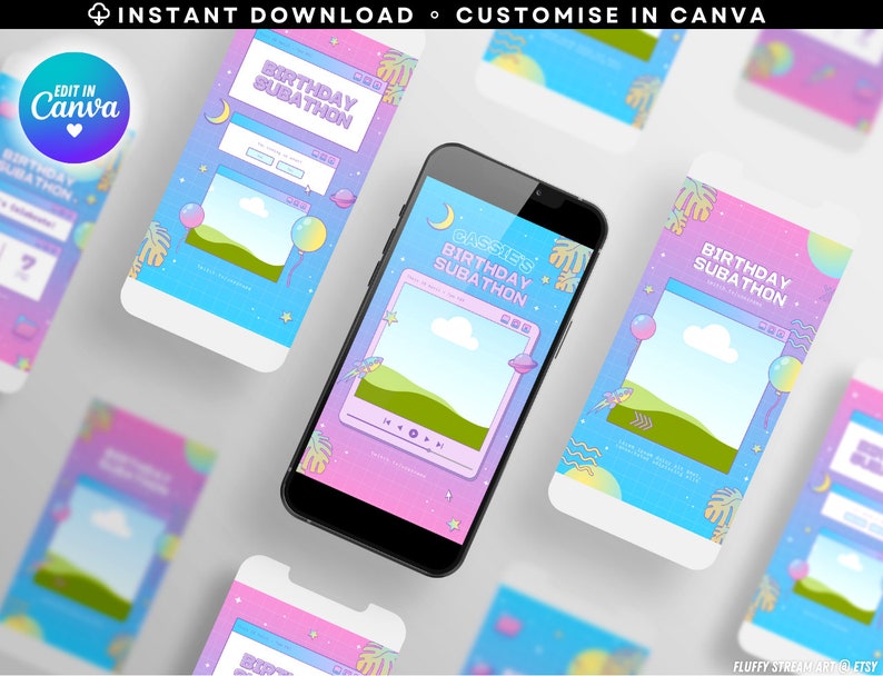 May include: A digital phone screen mockup with a pink and blue background. The screen displays a birthday subathon graphic with a cartoon cloud, stars, and a video player. The text on the screen reads "Cassie's Birthday Subathon".