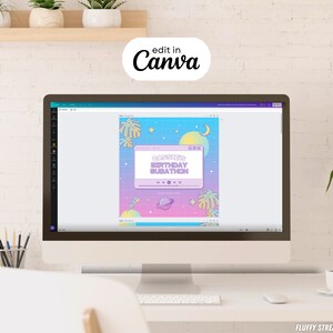 May include: A computer screen displaying a digital graphic design template for a birthday celebration. The design features a retro-style music player with the text "Cassette Birthday Celebration" and a space-themed background with planets, stars, and palm leaves.