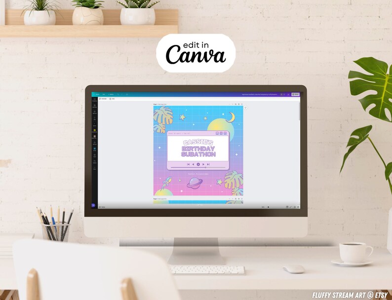 May include: A computer screen displaying a digital graphic design template for a birthday celebration. The design features a retro-style music player with the text "Cassette Birthday Celebration" and a space-themed background with planets, stars, and palm leaves.