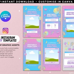 May include: Five Instagram story templates with a pastel color scheme featuring a birthday subathon theme. The templates include a calendar, a computer screen, and a music player. The templates are customizable with your own text, colors, fonts, and images.