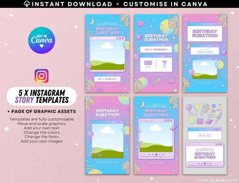 May include: Five Instagram story templates with a pastel color scheme featuring a birthday subathon theme. The templates include a calendar, a computer screen, and a music player. The templates are customizable with your own text, colors, fonts, and images.