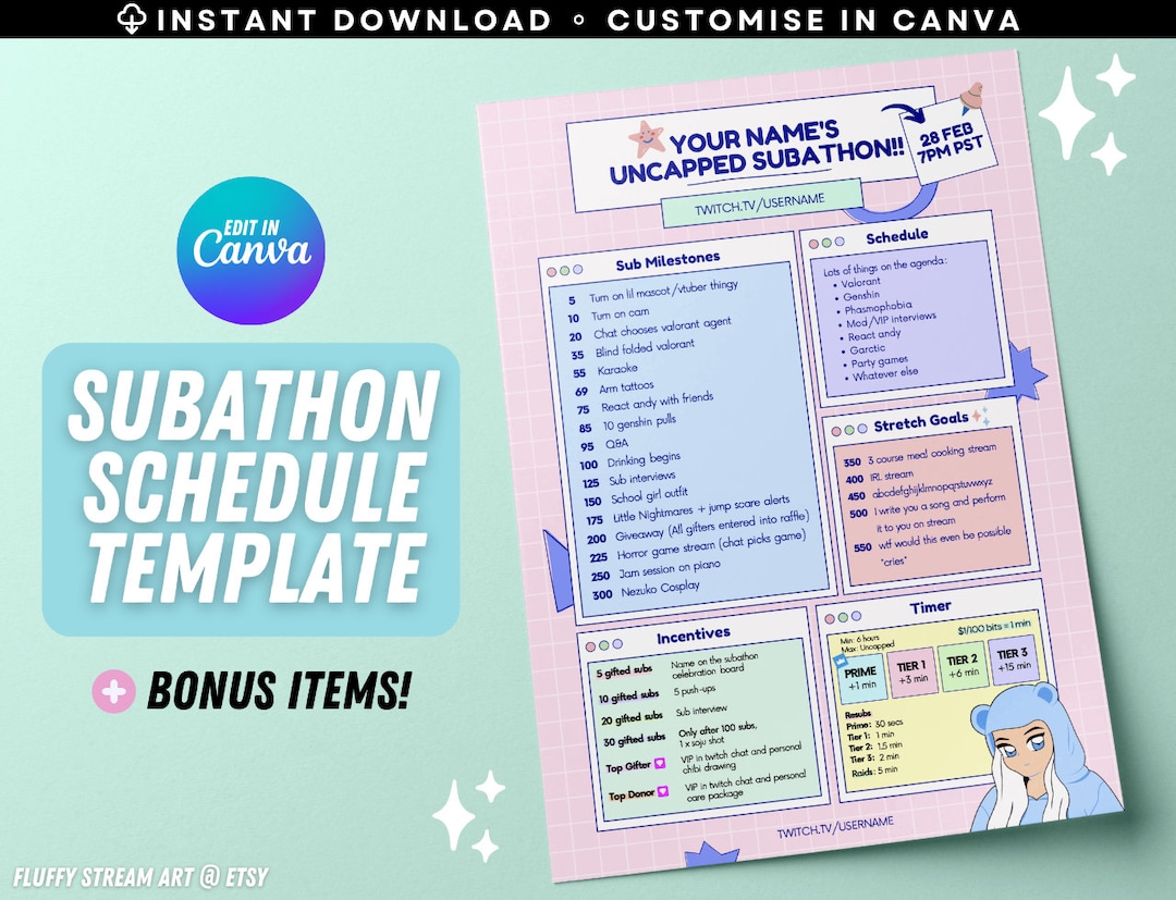 Twitch Youtube Stream Subathon Schedule / Event Promo / Editable Canva