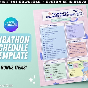 May include: A pink and blue printable template for a subathon schedule. The template includes sections for sub milestones, schedule, stretch goals, incentives, and a timer. The template also includes a bonus items section. The text "YOUR NAME'S UNCAPED SUBATHON!!" is at the top of the template.