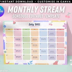 May include: A colorful monthly stream schedule template for July 2022. The template features a pastel color scheme with a variety of illustrations, including cherries, flowers, and a watermelon. The template is designed to help streamers plan their content and schedule.