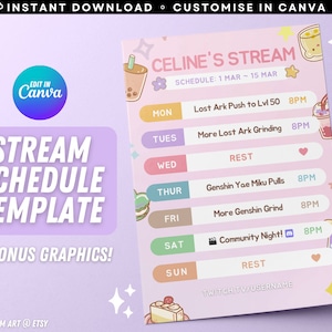 Cute Pastel Twitch YouTube Weekly Stream Schedule / Promo / Editable Canva Template / Sweet / Simple / Instant Download / Kawaii