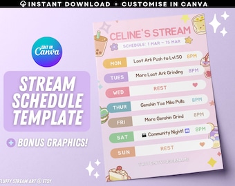 Schattig pastel Twitch YouTube wekelijks streamschema / promo / bewerkbare canva-sjabloon / lief / eenvoudig / direct downloaden / kawaii