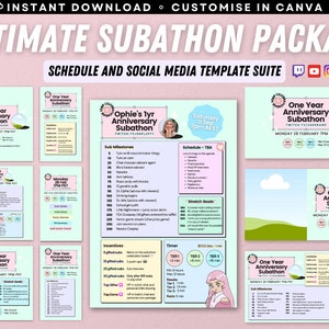 Twitch YouTube Stream Subathon Schedule / Event Promo / Editable Canva Template / Cute / Pastel / Custom / Avatars / Instant Download