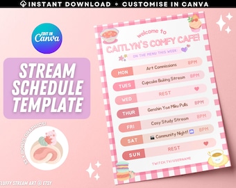 Comfortabel café roze pastel Twitch YouTube wekelijks streamschema/promo/bewerkbare canva-sjabloon/cute kawaii/instant download