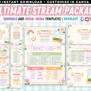 May include: A set of printable social media templates for a birthday subathon. The templates feature a pink and green colour scheme with cute illustrations of a bear, rainbow, and toast. The text on the templates says "Luna's 22nd Birthday Subathon".