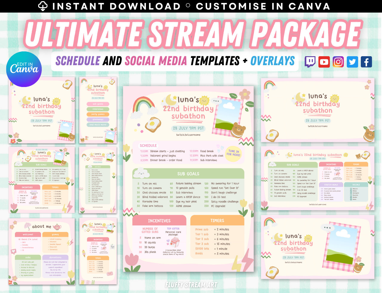 Pastel Paint Doodles Birthday Twitch Stream Subathon Package / Event Promo / Editable Canva Template / Cute / Colorful / Instant Download