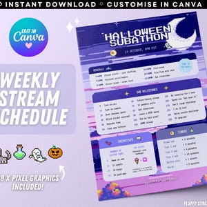 Customizable Purple Pixel Halloween Twitch YouTube Subathon Stream Schedule / Promo / Editable Canva Template / Cute / Instant Download