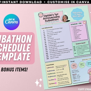 May include: A pink and green printable schedule template for a Twitch subathon. The template includes a list of milestones, stretch goals, incentives, and a timer. The text "Ophie's 1yr Anniversary Subathon" is at the top of the template.