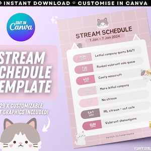 Individuell anpassbarer Comfy Cat Stream Plan / Twitch YouTube / Promo / Editierbare Canva Template / Mauve Pink / Sofort Download / Kawaii