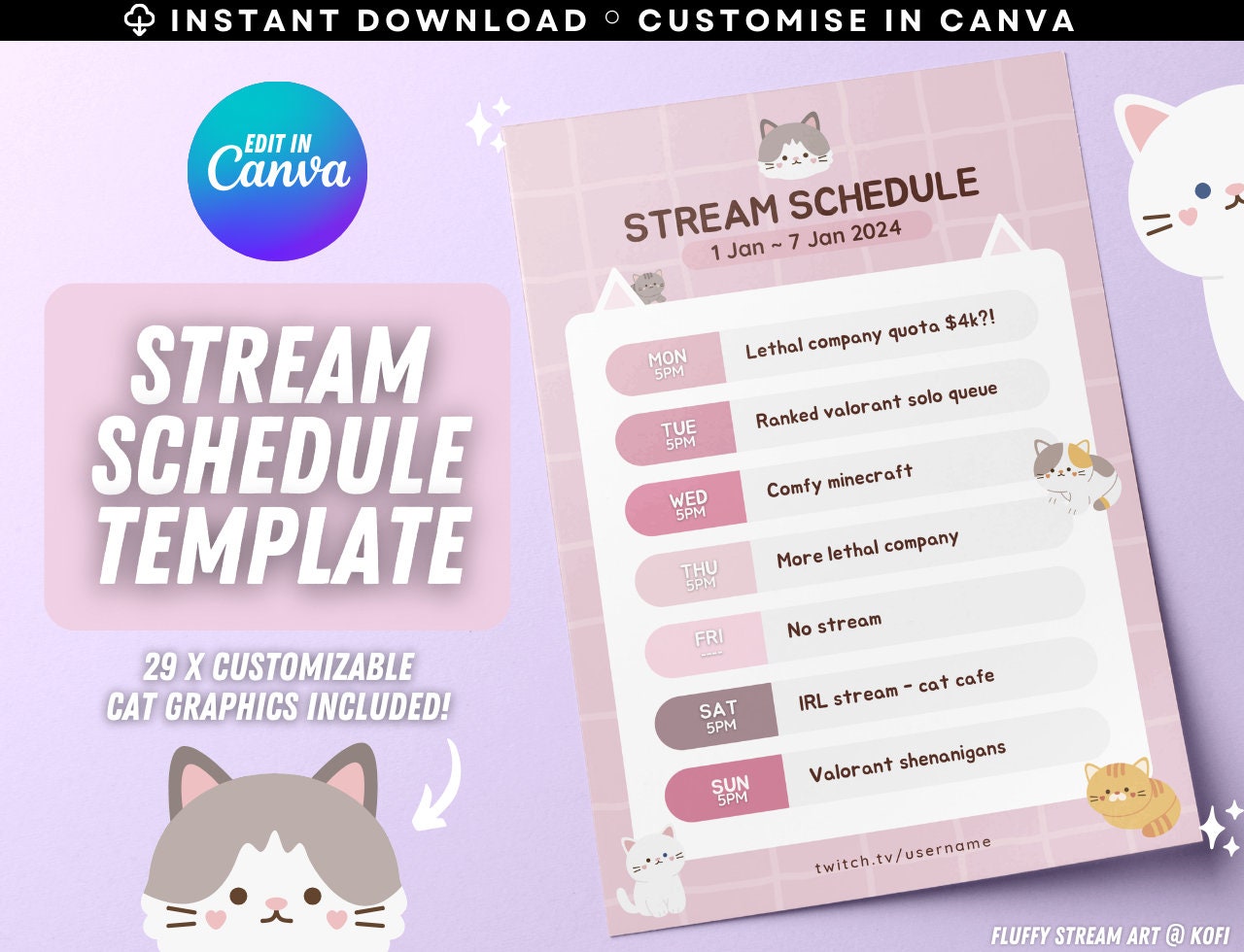 Aanpasbaar Comfy Cat Stream Schema / Twitch YouTube / Promo / Bewerkbare Canva-sjabloon / Mauve Pink / Instant Download / Kawaii