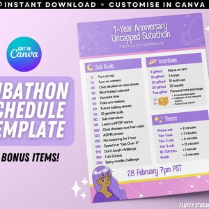 Twitch YouTube Stream Subathon Schedule / Event Promo / Editable Canva Template / Cute / Astrology / Custom / Avatars / Instant Download