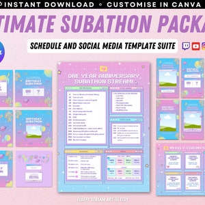 Twitch YouTube Stream Subathon Schedule / Social Media / Editable Canva Template / Cute / Vaporwave / Custom / Avatars / Instant Download