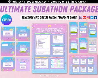 Twitch YouTube Stream Subathon Schedule / Social Media / Editable Canva Template / Cute / Vaporwave / Custom / Avatars / Instant Download