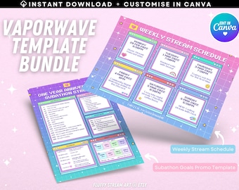 BUNDLE Vaporwave Aesthetic Twitch YouTube Weekly Stream Schedule / Promo / Editable Canva Template / Holographic / Instant Download / Kawaii