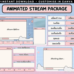 以下が含まれることがあります： パステルブルーとピンクのカラーテーマでアニメーション化されたTwitchストリームオーバーレイのセット。オーバーレイには、ストリームオフライン画面、チャット画面、新しいフォロワーアラート、新しいチアアラート、新しいサブスクライバーアラート、まもなく開始される画面が含まれています。オーバーレイは、雲と星の背景を持つ漫画のウィンドウデザインを採用しています。